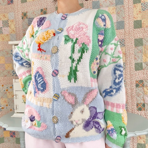 Vintage Cotton Womens Easter Knitted Cardigan Sweater Amazing - Picture 2 of 8